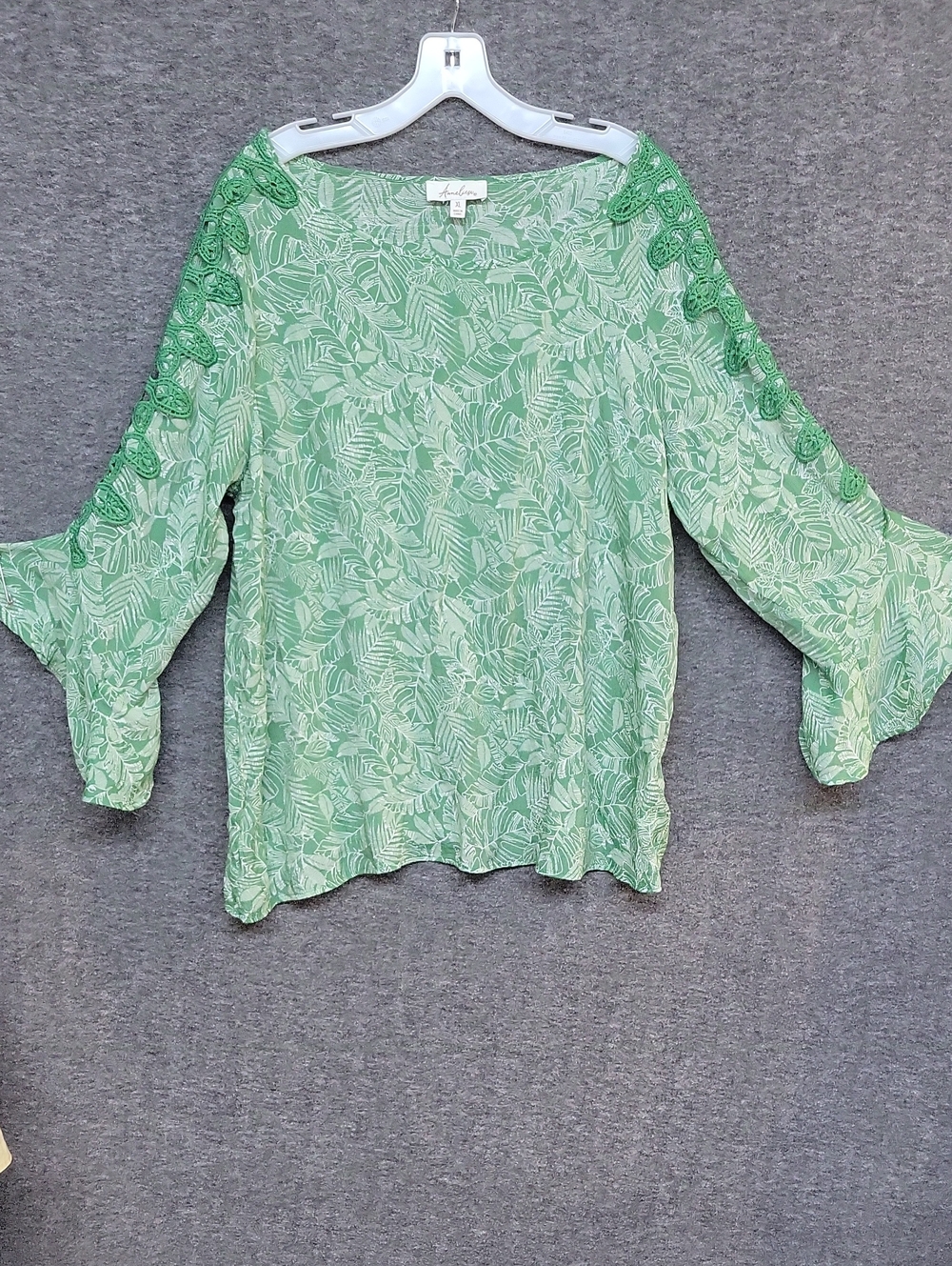 Anneliese Mint Green Leaf-Print Bell Sleeve Blouse Womens Size XL